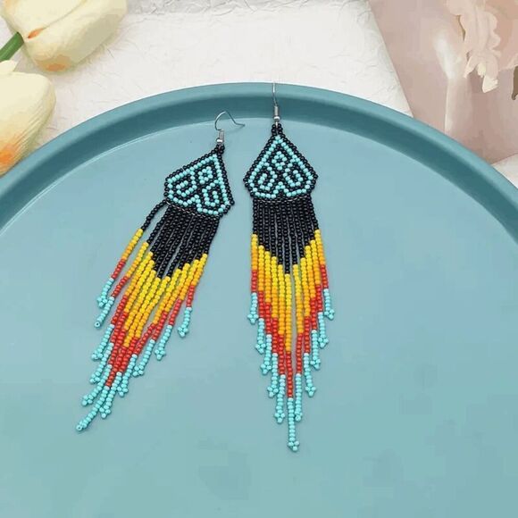 Tribal Boho Style Beaded Tassel Dangle Earrings - Picture 4 of 5